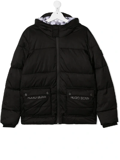 Hugo Boss Kids' Hooded Embroidered-logo Puffer Coat In Black
