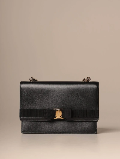 Ferragamo Leather Bag With Vara Bow In Black