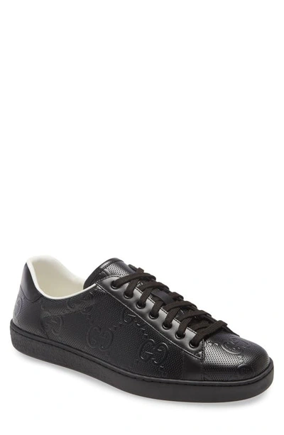 Gucci New Ace Logo Low Top Trainer In Black/ Black/ Black