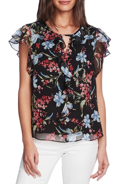 Vince Camuto Floral Print Flutter Sleeve Chiffon Top In Rich Black
