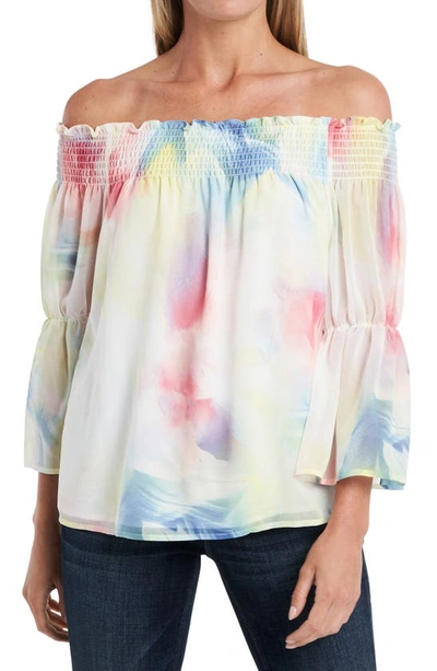 Vince Camuto Off-the-shoulder Smocked Watercolor Print Blouse In Fresh Pink