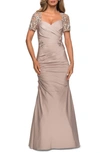 La Femme Sweetheart Ruched Satin Gown With Lace Back In Frost Rose