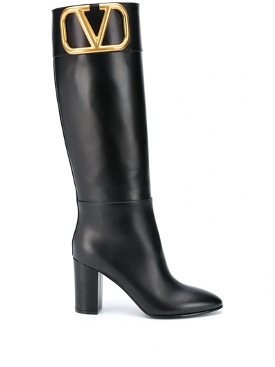 Valentino Garavani Supervee V-logo Knee-high Leather Boots In Black