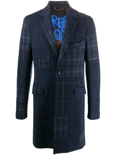 Etro Coat In Patchwork Check Wool In Blue