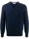 Brunello Cucinelli Paprika Cashmere V-neck Sweater In Dark Blue