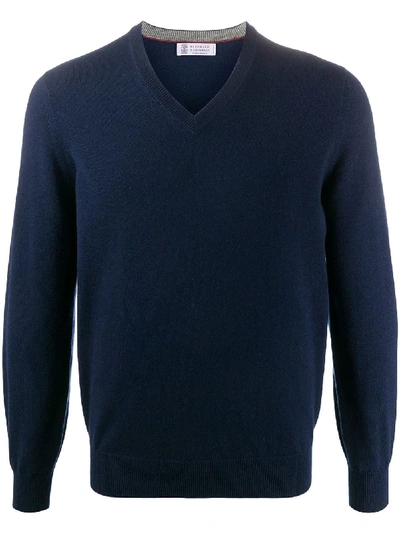 Brunello Cucinelli Paprika Cashmere V-neck Sweater In Dark Blue
