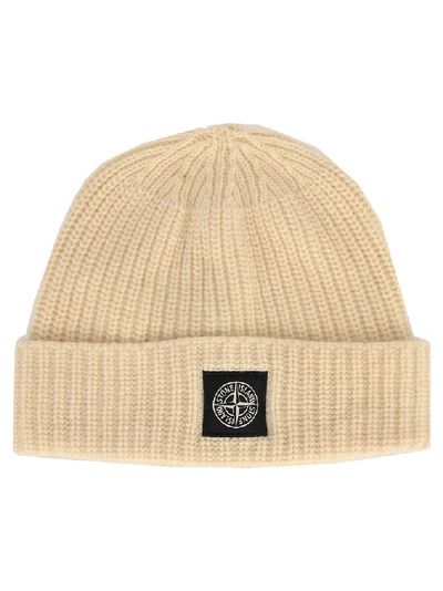 Stone Island Wool Knit Ribbed Beanie Hat In Neutrals