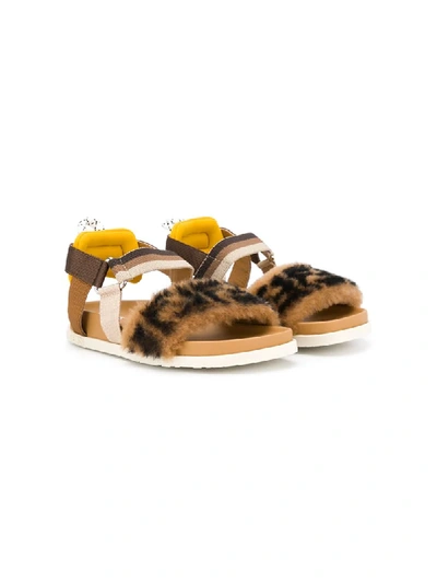Fendi Kids' Ff Shearling Sandals In Brown