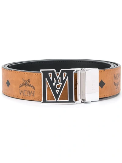 Mcm Logo Print Belt With Statement Buckle In Black