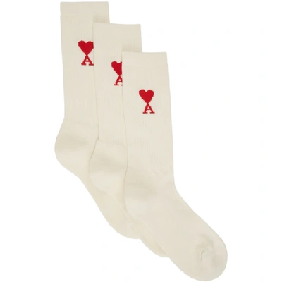 Ami Alexandre Mattiussi Heart-embroidered Three-pair Sock Pack In White