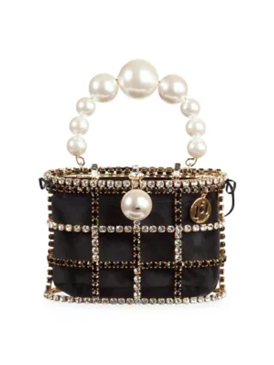 Rosantica Holli Crystal & Pearl Box Top Handle Bag In Black