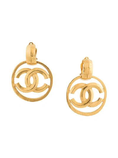 Pre-owned Chanel 1996 Dangling Cc Hoop Earrings In Gold