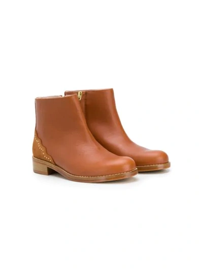 Chloé Kids' 铆钉西部风皮革及踝靴 In Brown