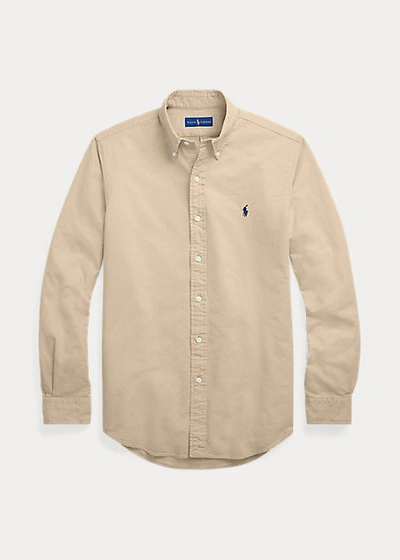 Polo Ralph Lauren Player Logo Slim Fit Garment Dyed Oxford Shirt In Tan-brown