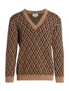 Gucci G Rhombus Jacquard V-neck Sweater In Camel Brown