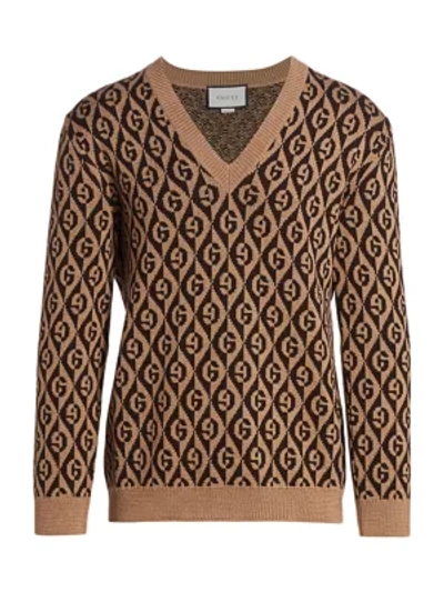 Gucci G Rhombus Jacquard V-neck Sweater In Camel Brown