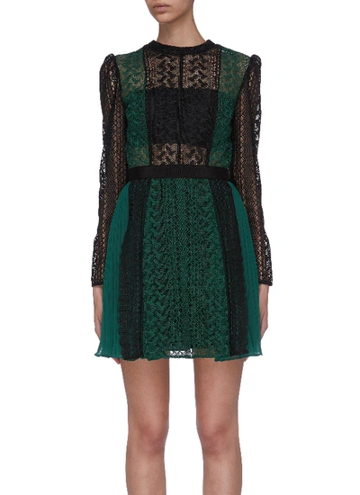 Self-portrait Colourblock Lace Overlay Panelled Dress In Green