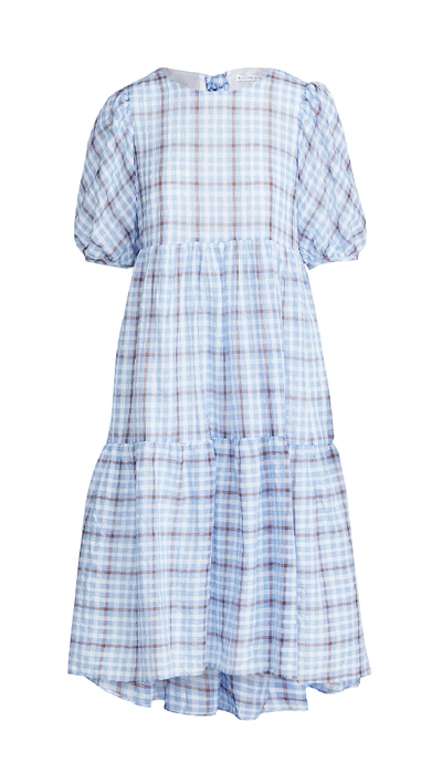 English Factory Check Tiered Midi Dress In Blue