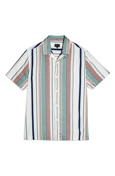 Topman Pastel Stripe Short Sleeve Button-up Camp Shirt In Green Multi