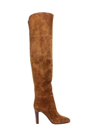 Saint Laurent Sun Point-toe Over-the-knee Suede Boots In Brown