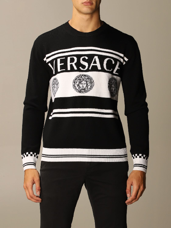 Versace Wool Pullover With Jacquard Medusa Logo In Black | ModeSens