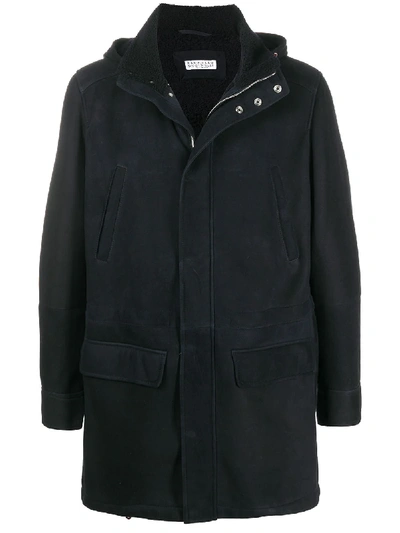 Brunello Cucinelli Hooded Leather Coat In Blue