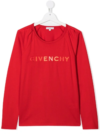 Givenchy Kids' 刺绣logo纯棉平纹针织t恤 In Red