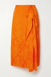 Attico Tie-detailed Draped Satin-jacquard Midi Skirt In Orange