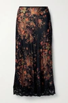 PACO RABANNE LACE-TRIMMED FLORAL-PRINT SATIN MIDI SKIRT