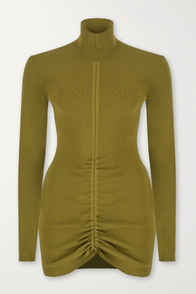 Zeynep Arcay Ruched Ribbed-knit Turtleneck Mini Dress In Army Green