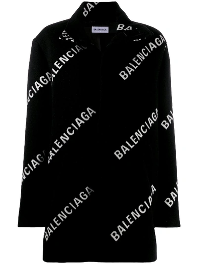 Balenciaga All Over Logo Wool Blend Cocoon Coat In Black