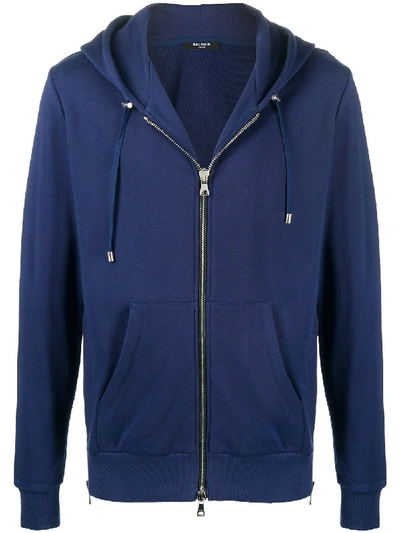 Balmain Logo Print Zip-up Hoodie In Dark Blue