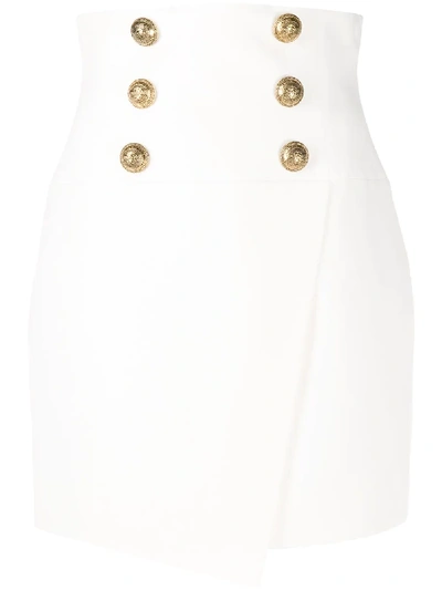 Balmain Short High-waist Buttoned Wrap Skirt In White