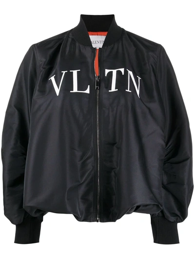 Valentino Ruched Printed Shell Bomber Jacket In Black
