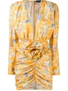 Magda Butrym Belted Ruched Floral-print Silk-satin Jacquard Mini Dress In Yellow