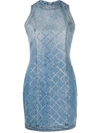 BALMAIN RHINESTONE-EMBELLISHED FITTED DENIM DRESS