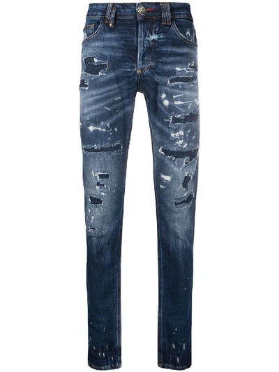 Philipp Plein Stonewashed Ripped Slim-fit Jeans In Blue
