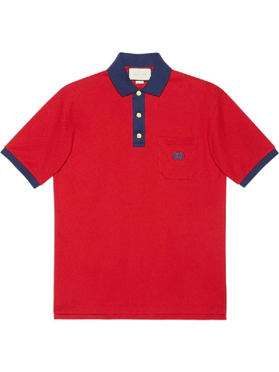Gucci Men's Cotton Polo With Interlocking G Patch In Live Red