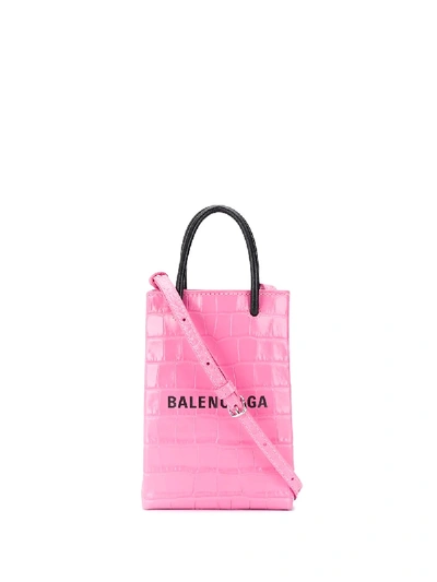 Balenciaga Croco Printed Shopping Crossbody Bag In Pink