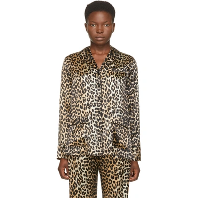 Ganni Leopard-print Stretch Silk-satin Pajama Shirt In Multi-colour