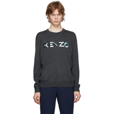 Kenzo Mens Stone Grey Brand-embroidered Crewneck Wool Jumper L In Green