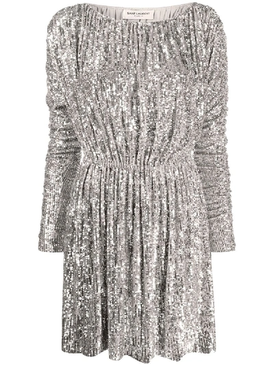 Saint Laurent Champagne Sequin-embellished Dress In Silver