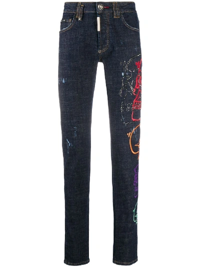 Philipp Plein Super Straight Cut Patches Jeans In Blue