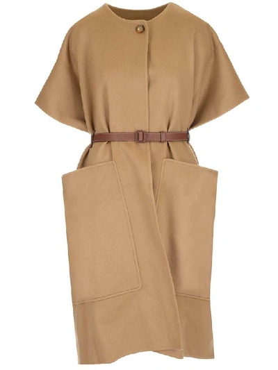 Burberry Leather Belted Long Cashmere Cape In Beige