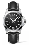 LONGINES CONQUEST CLASSIC LEATHER STRAP WATCH, 43MM,L37604563