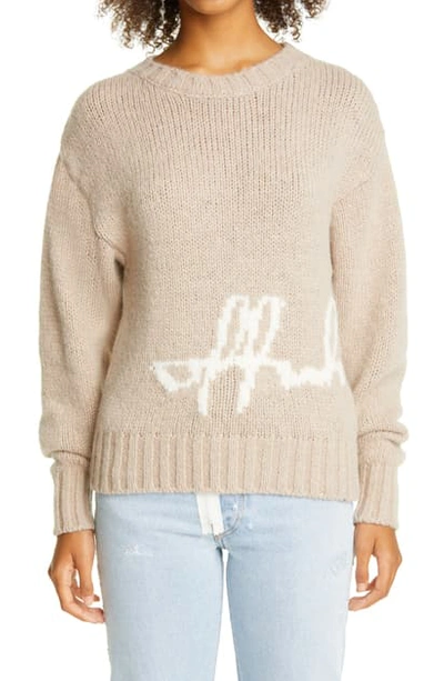 Off-white Intarsia Script Logo Alpaca Blend Sweater In Camel/ White