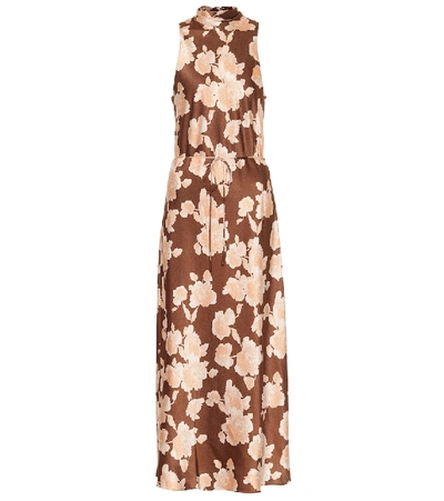 Vince Brown Floral-print Satin Midi Dress In Amber