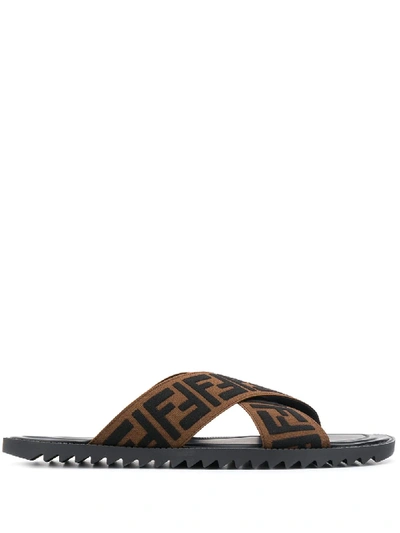 Fendi Double Crossed Band Logo Slides With Jacquard Ff Design In Black