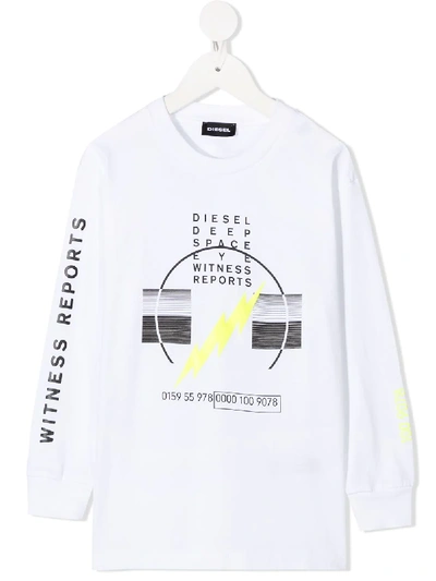 Diesel Kids' Printed Long Sleeve T-shirt In White