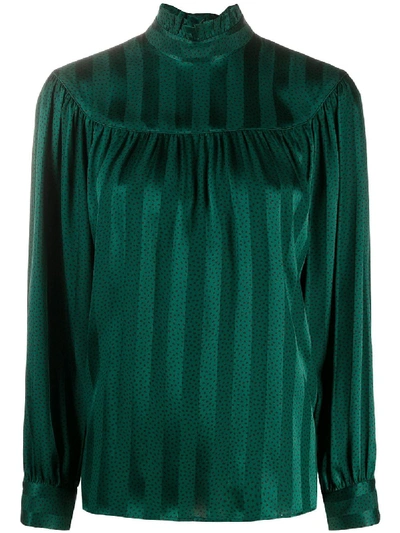Saint Laurent Vertical-stripe High-neck Blouse In Green